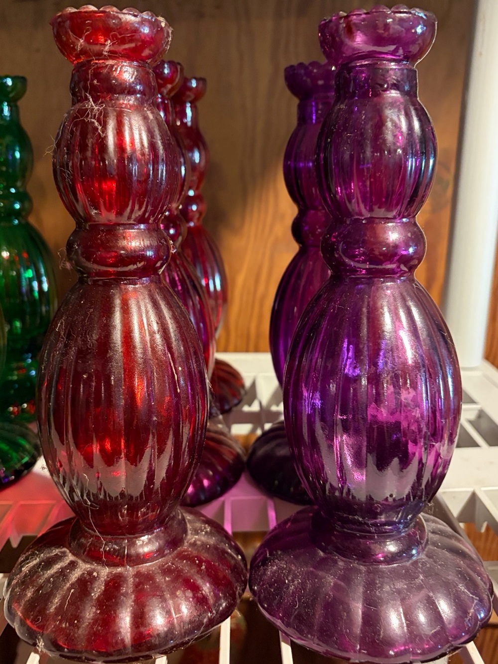 Purple Glass Candle Holders - Pair of 4 two purple and two burgundy